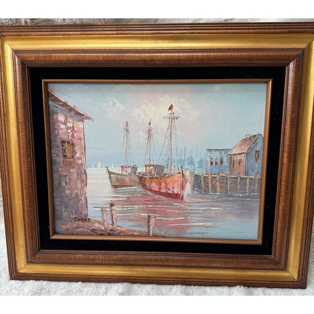 Vintage Mid Century Oil Painting Harbor Scene Boats Signed EDGAR Framed MCM